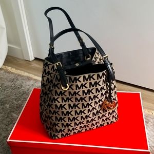 Michael Kors MK Logo Canvas Tote Bag Leather Handle
